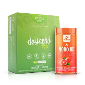 Caixa de Desinchá Dia com 60 sachês e Pote de Moro HD com 60 cápsulas de laranja moro
